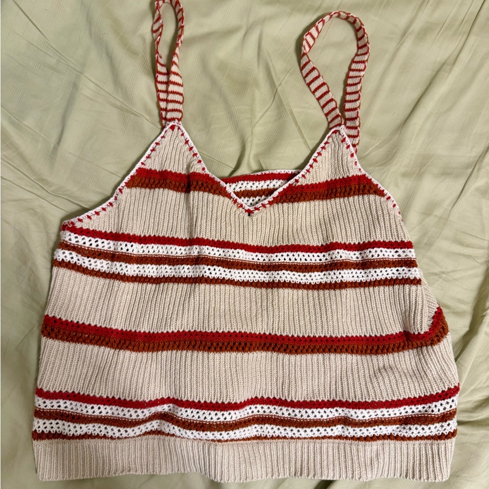 Striped Knit Tank Top - Red, Beige, and White